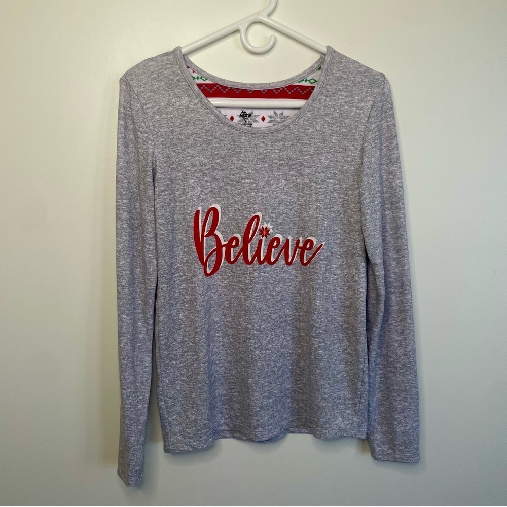 BELIEVE Shirt Sleepwear Lounge PJ Top Gray Size Small Stretch Christmas Holiday